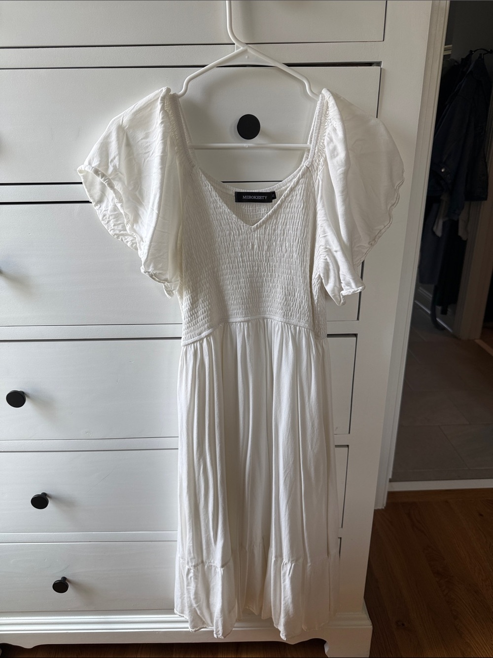 Smocked V-Neck White Midi Dress with Flutter Sleeves